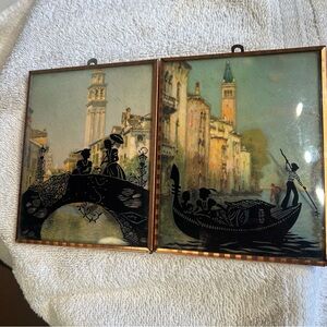 Pair of Vintage Silhouette Convex Bubble Glass Picture Scenes of Venice 5”x4”